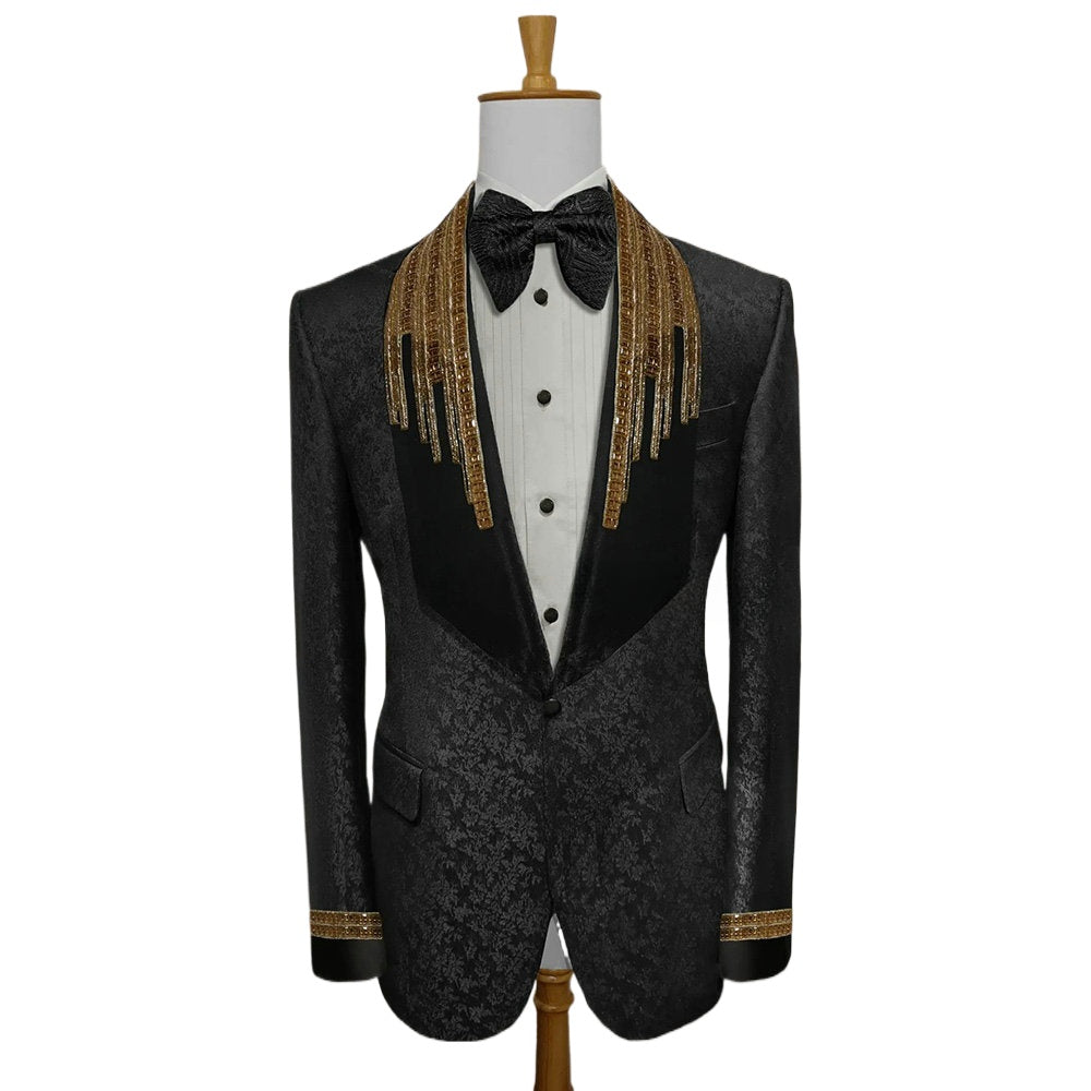 Black Jacquard Weave Two Pieces Men Suits Gold Crystal Beading Evening Party Blazer Groom Wear ( Jacket + Pants )