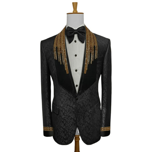 Costume deux pièces en jacquard noir pour homme, blazer de soirée avec perles en cristal doré (veste + pantalon)