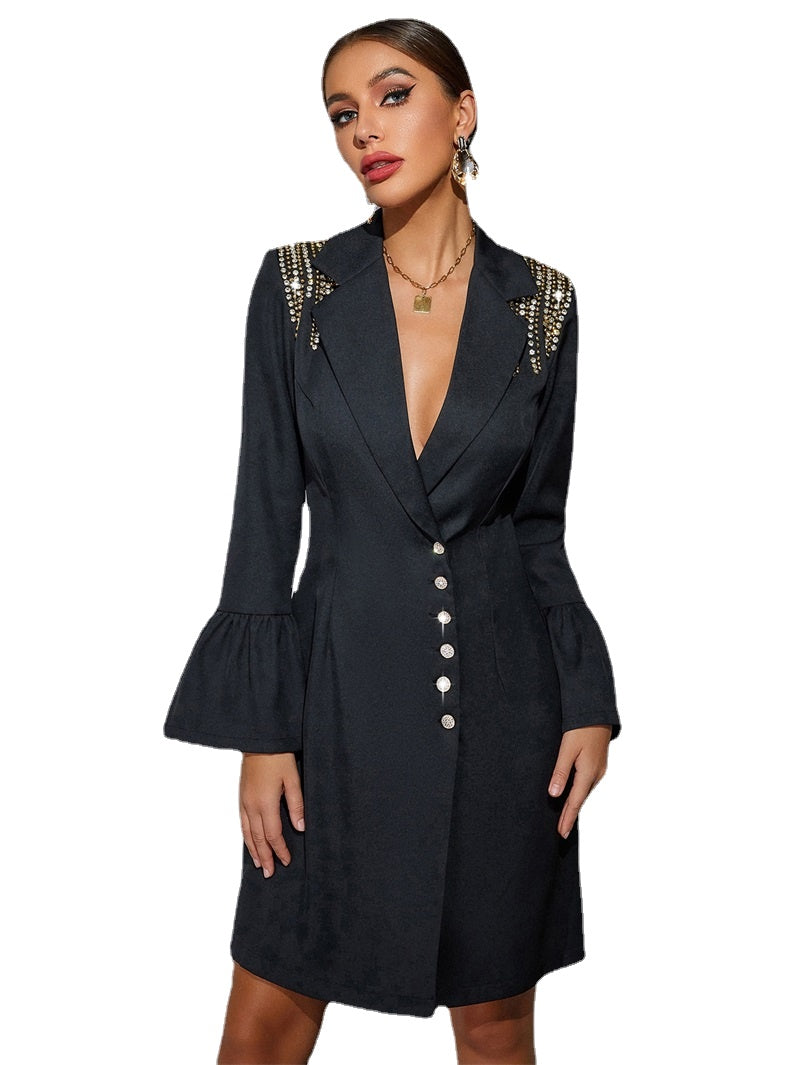 Costume de luxe pour femme, blazer noir, col en V profond, manches longues, robe de soirée, mini robe courte et sexy 