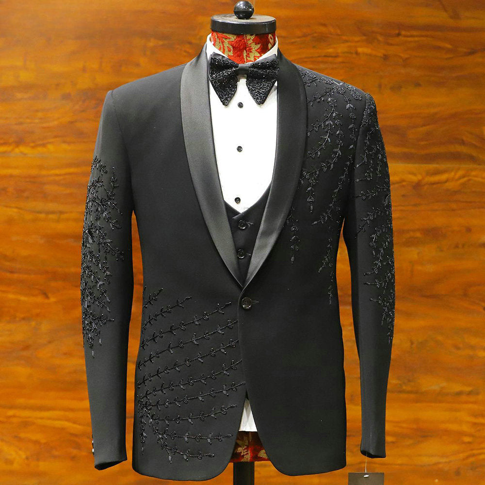 Costume 2 pièces noir pour homme, blazer et pantalon, avec appliques à paillettes et perles, smoking, haute couture, mariage, bal, grande taille, sur mesure