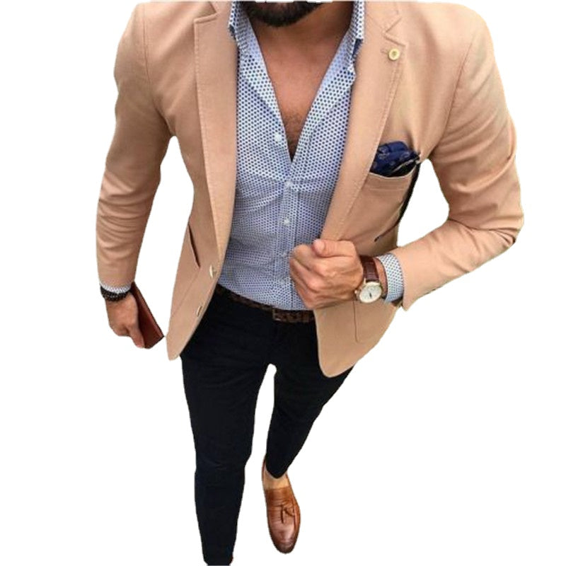 Men's Tan Khaki Skinny Fit 2-Piece Suit with Tie for Casual Wedding or Formal Wear (Jacket, Pants)