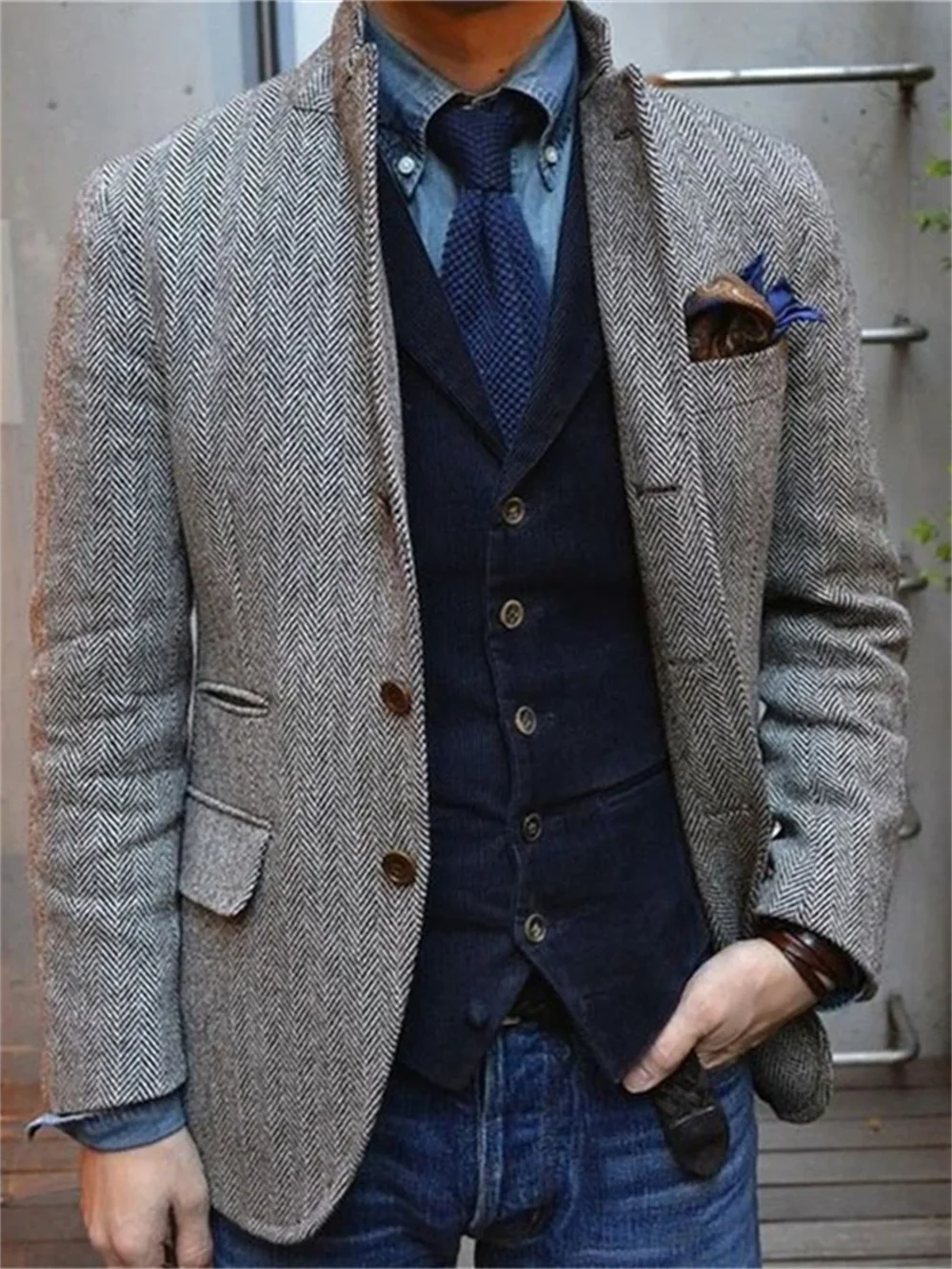 Chaqueta blazer de espiga para hombre: abrigo de lana ajustado para un estilo informal y elegante. Diseño de moda de lujo para hombre.