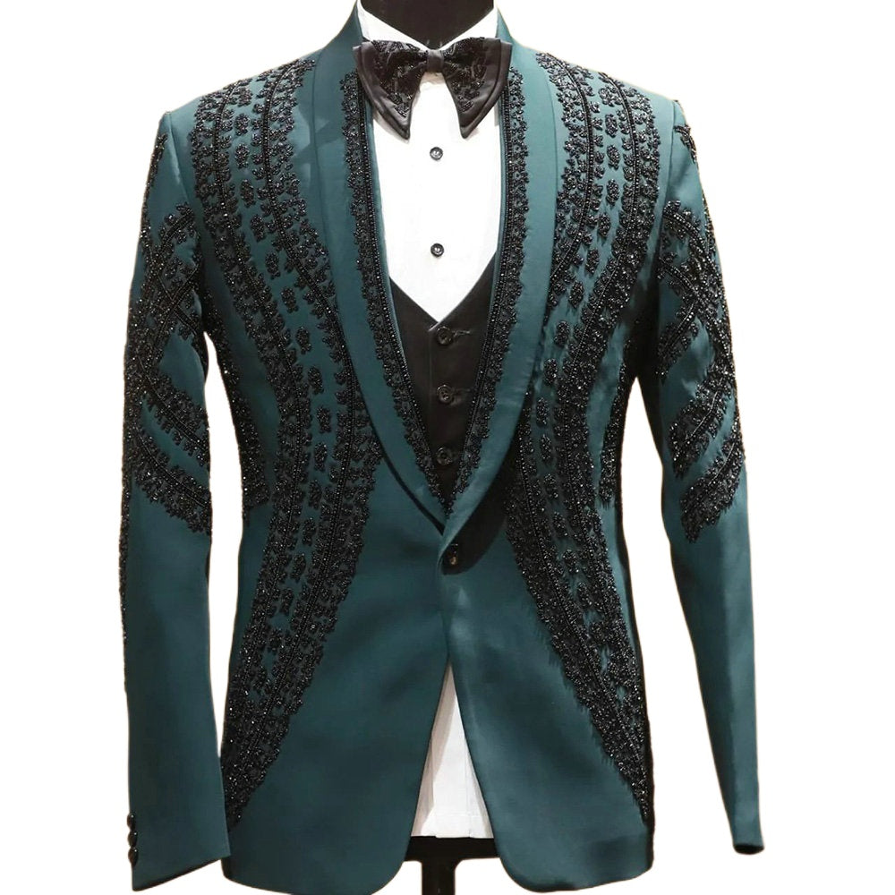 Smoking de mariage vert pour homme, costume trois pièces formel avec perles en cristal, sur mesure, blazer noir pour bal de promo, mode masculine