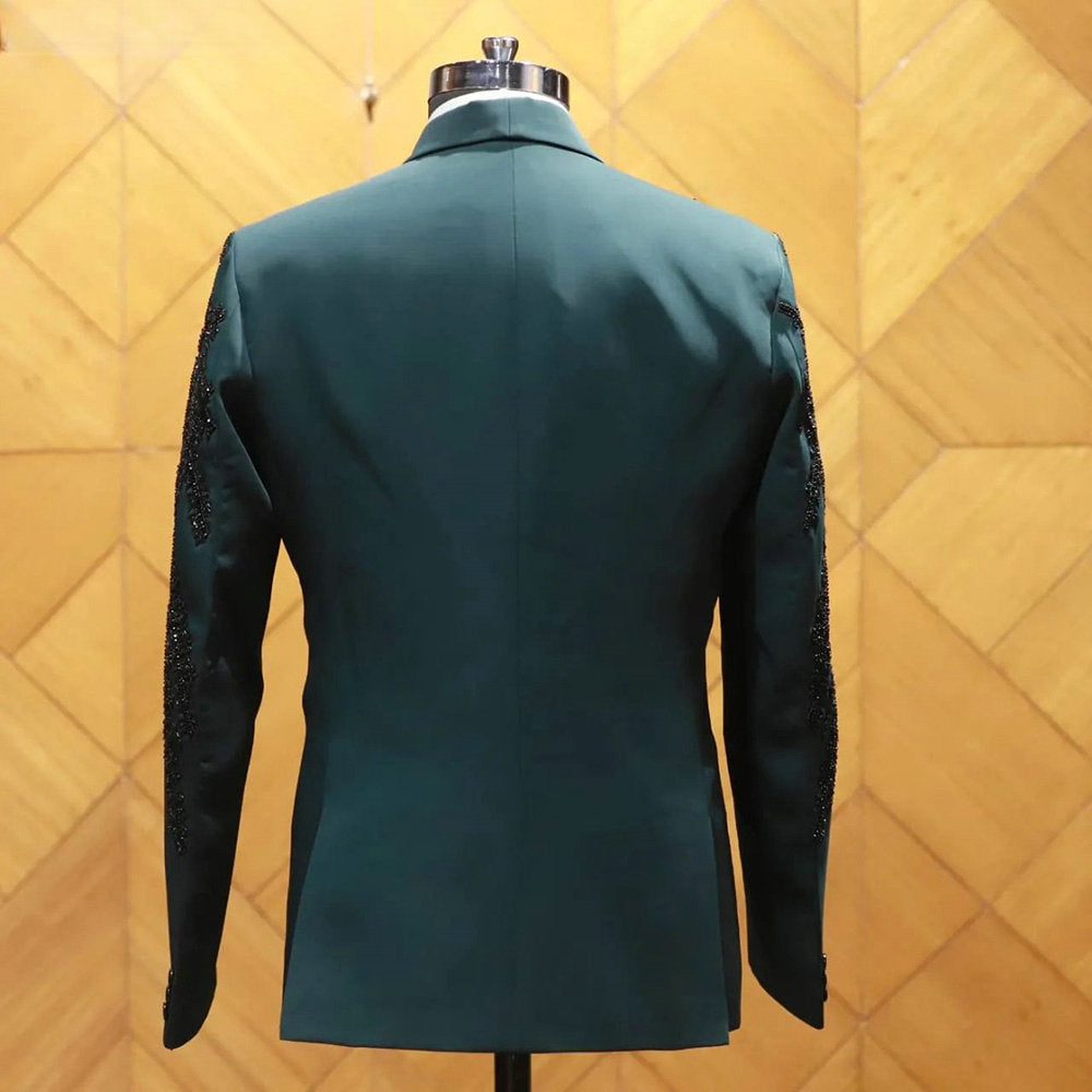 Smoking de mariage vert pour homme, costume trois pièces formel avec perles en cristal, sur mesure, blazer noir pour bal de promo, mode masculine