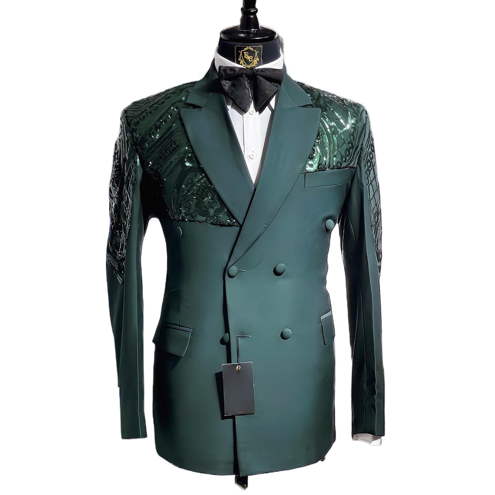 Emerald Green Sequined Appliques Blazers Men Suits Fashion Banquet 2 Piece Business Jacket Pants Trousers