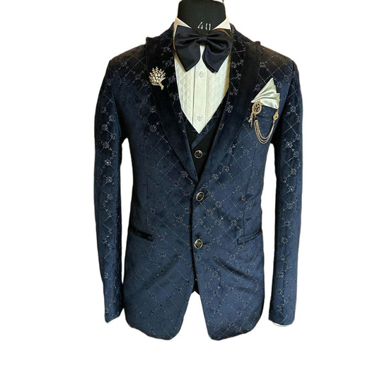Costume 3 pièces en jacquard noir pour homme, blazer, pantalon, gilet, smoking, haute couture, mariage, bal, grande taille, sur mesure