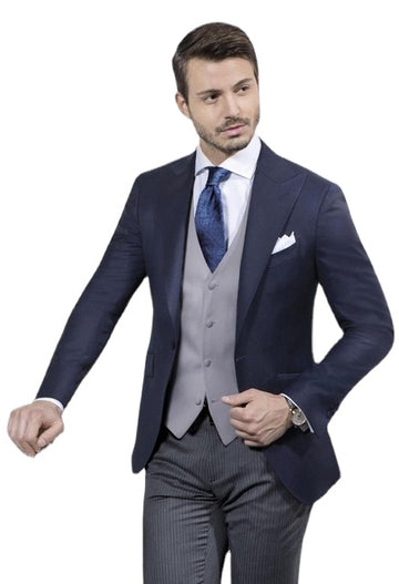 Navy Blue Coat With Grey Vest Wedding Men's Suits 3pcs(Jacket+Stripe Pants+Vest+Tie)Slim Fit Italian Style Groom Blazer Trousers