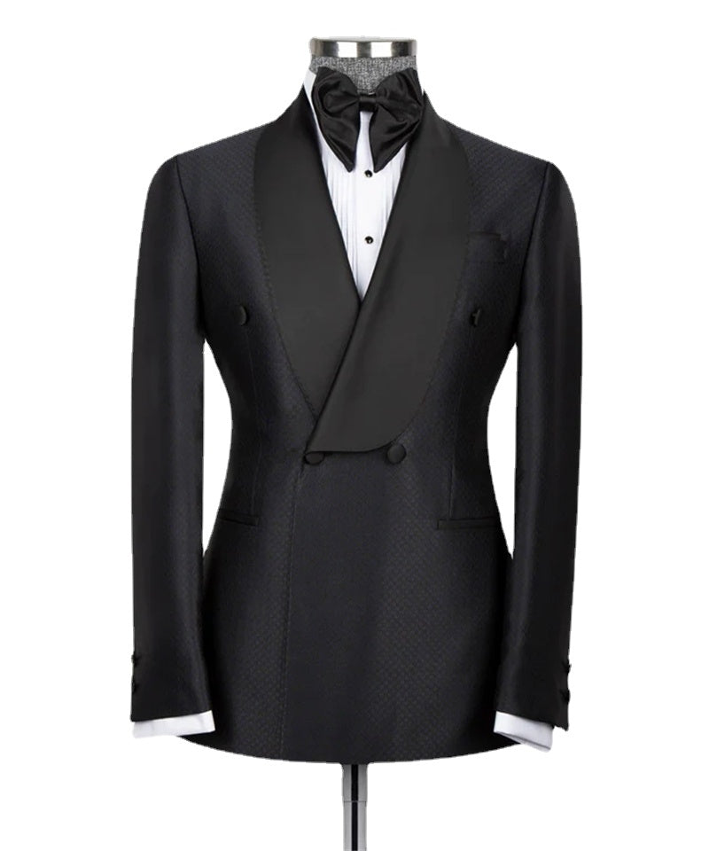 Double Breasted Navy-Blue Black Lapeled Wedding Groom Tuxedo Customized Business Wear 2PCS Blazer Pants Full Men's Suits