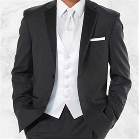 2 Buttons Dark Gray Blazer Trousers Men Suits 3Pcs Jacket+Pants+Vest Groom Tuxedo Custom Made Notch Lapel Bridegroom Party Wear