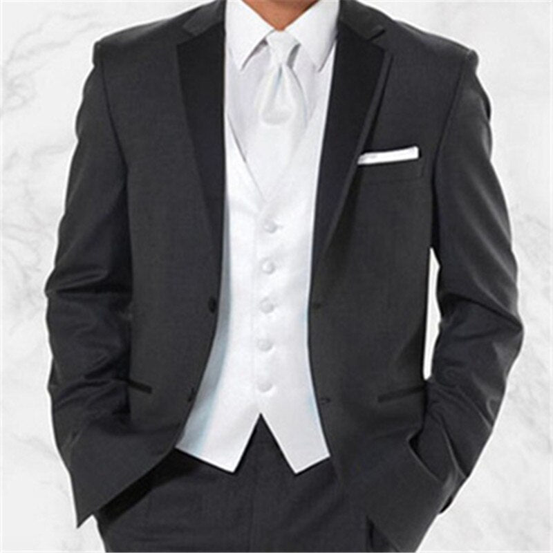 Traje de hombre gris oscuro de 2 botones, chaqueta, pantalón y chaleco, esmoquin de novio a medida con solapa de muesca, traje de fiesta para novio. 