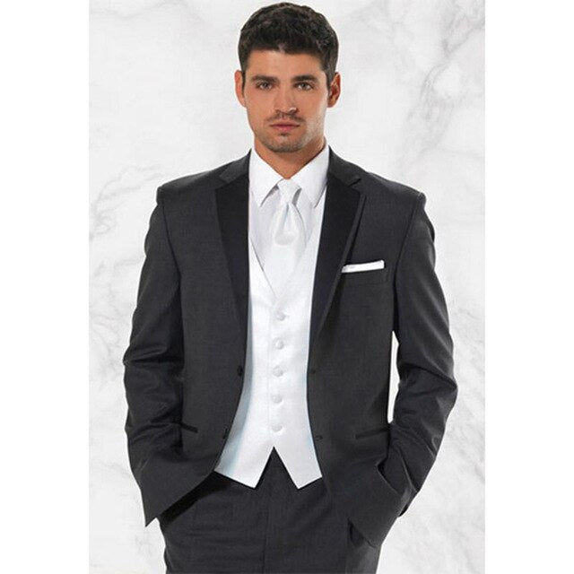 Traje de hombre gris oscuro de 2 botones, chaqueta, pantalón y chaleco, esmoquin de novio a medida con solapa de muesca, traje de fiesta para novio. 