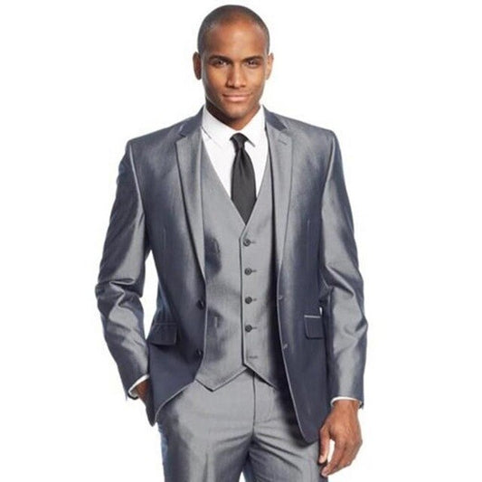 2 Buttons Wedding Silver Grey Satin Men Suits 3Pcs Jacket+Pants+Vest Slim Fit Blazer Trousers Groom Business Formal Party Wear