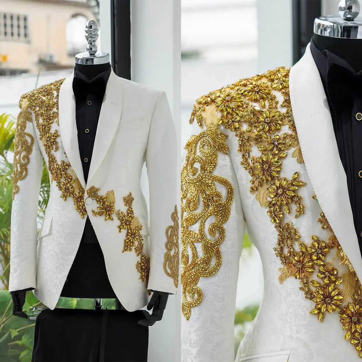 Men's Wedding Tuxedo with Gold Crystal Appliqués and Shawl Lapel, Custom Made Groom Suit