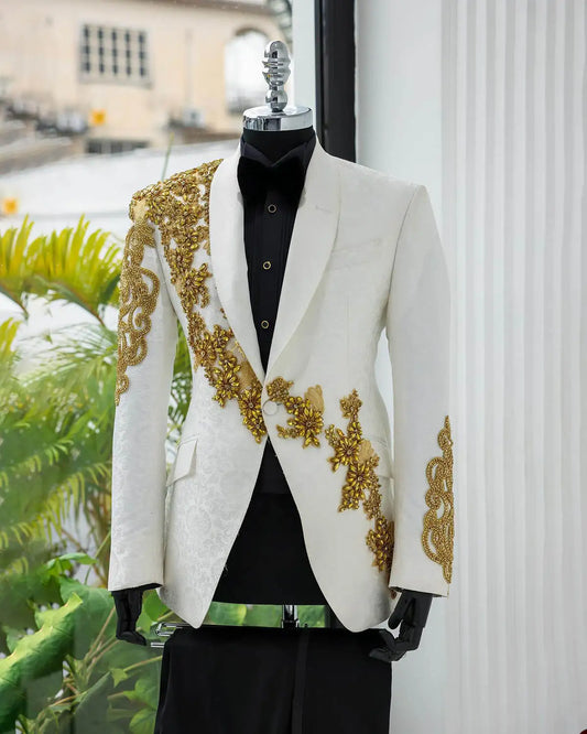 Luxurious Custom Made Wedding Tuxedo for Men with Gold Crystal Appliqués and Elegant Shawl Lapel – Perfect Suit for Groom and Special Occasions