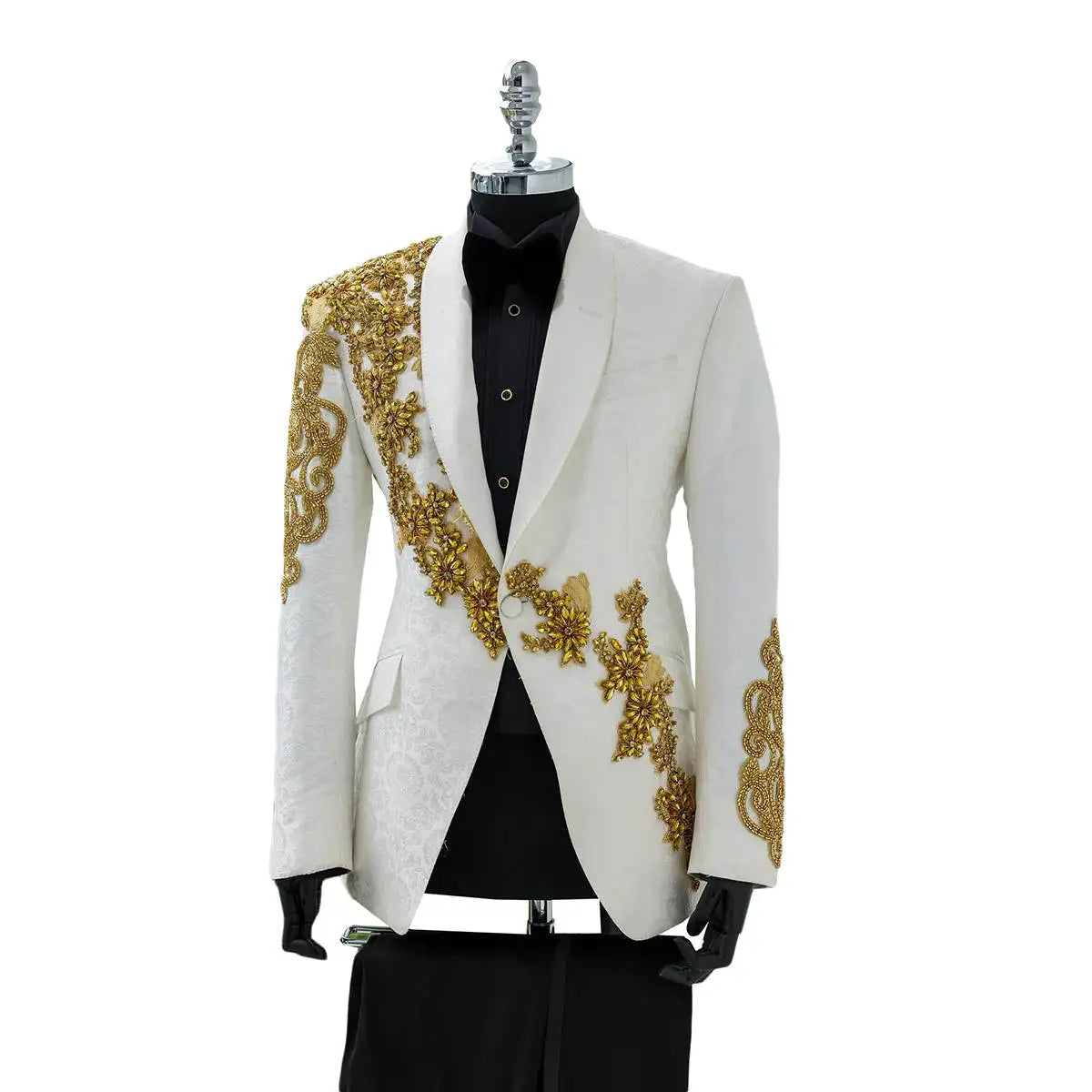 Men's Wedding Tuxedo with Gold Crystal Appliqués and Shawl Lapel, Custom Made Groom Suit