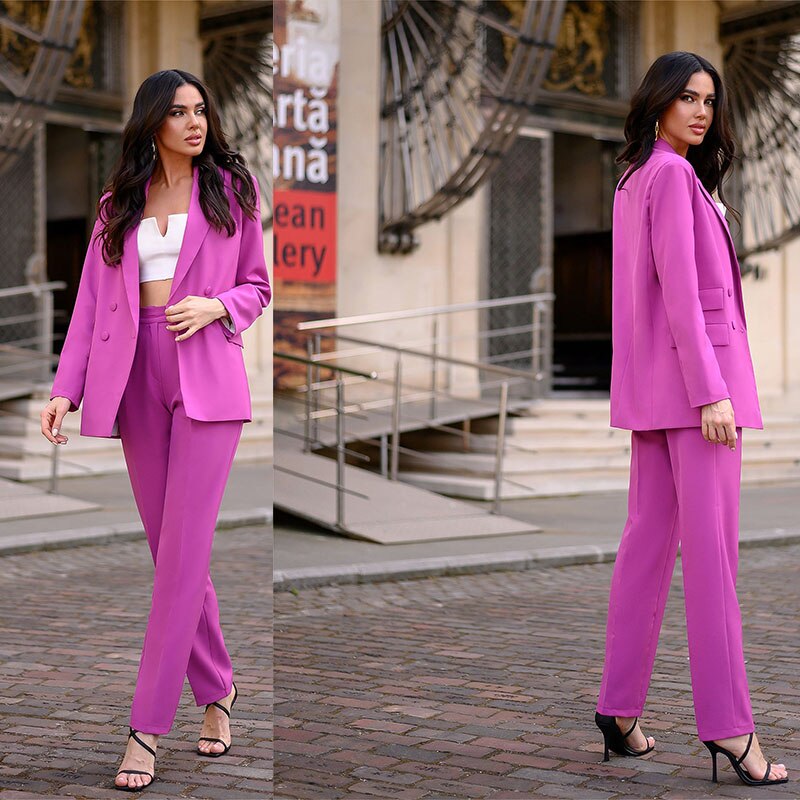 Traje de negocios para dama, 2 piezas, manga larga, doble botonadura, cuello vuelto, color liso, cintura alta, blazer y pantalón. 