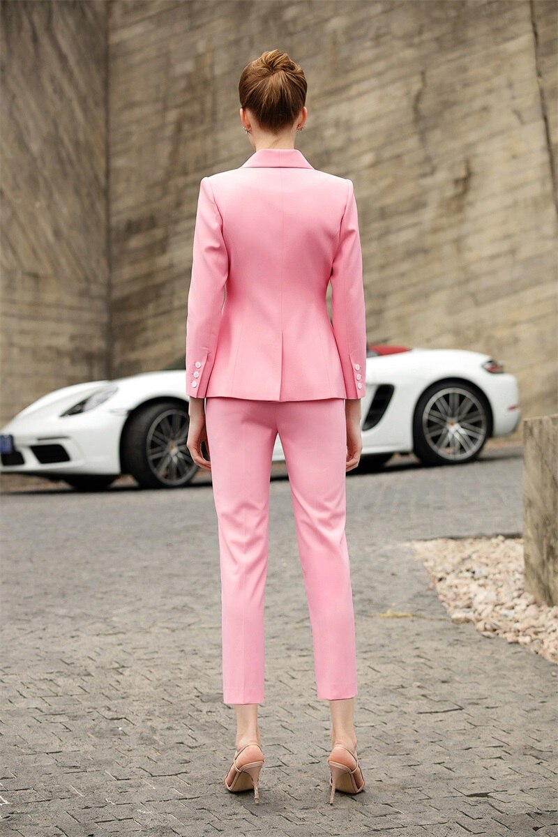 2 Pcs Pink Women Suit Set Blazer+Ninth Pants Fit Slim Formal Business Office Lady Tailor Made Wedding Tuxedo