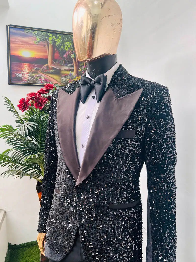 Costume de mariage 2 pièces pour homme, brillant, revers pointu, paillettes, un bouton, smoking pour marié, blazer, pantalon, pour soirée, affaires, sur mesure