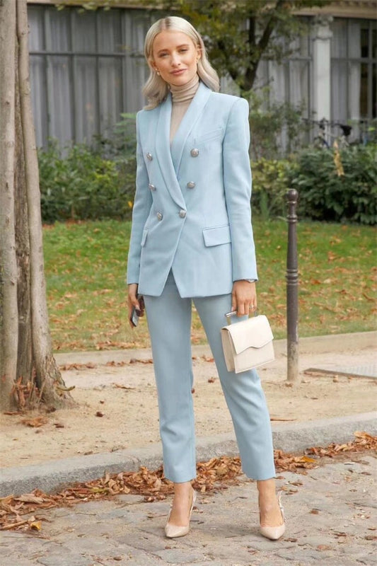 2 Pcs Spring Women Suit Set Blazer+Ninth Pants Light Sky Blue Formal Business Office Lady Tailored Wedding Tuxedo