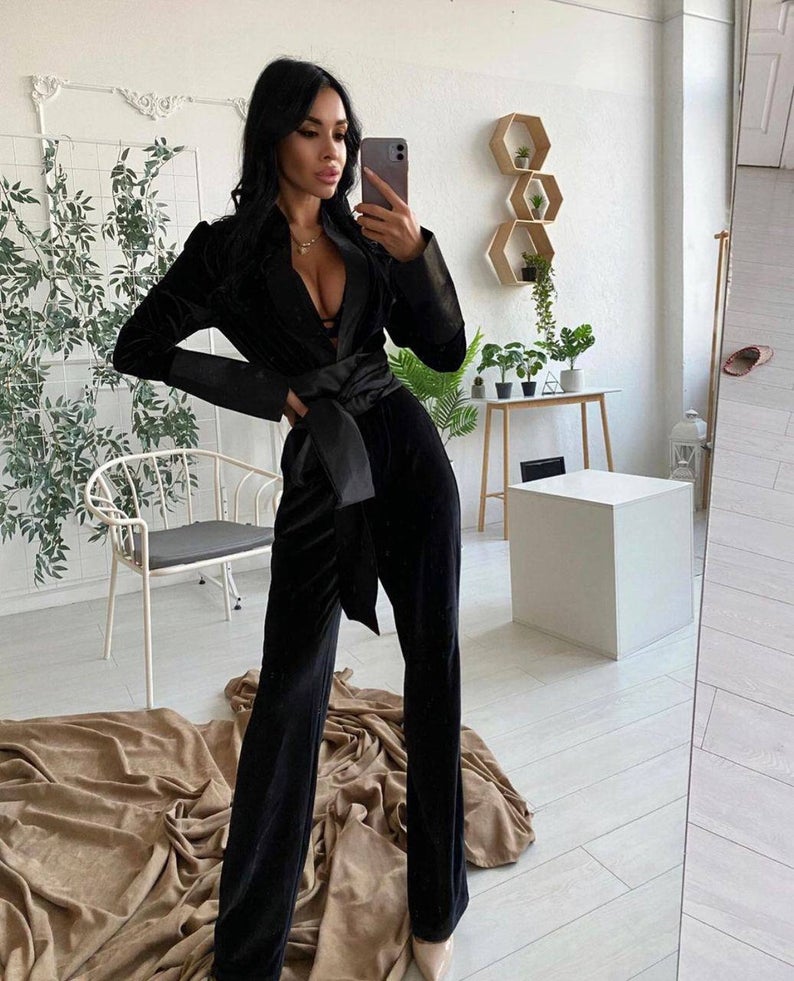 Traje de oficina de 2 piezas de terciopelo negro para mujer, blazer con cinturón y pantalón, vestido formal de noche para graduación, hecho a medida. 