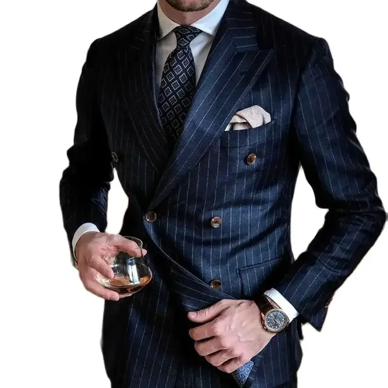 Costume de mariage élégant 2 pièces pour homme, longueur standard, bleu marine, croisé, revers en pointe, rayures, veste et pantalon