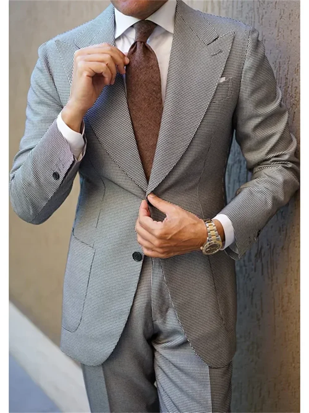 Traje de 2 piezas de pata de gallo para hombre, entallado, con solapa de pico, de botonadura sencilla, para negocios, informal, para boda (blazer + pantalón)