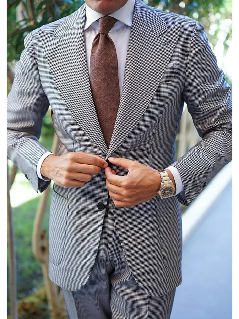 Traje de 2 piezas de pata de gallo para hombre, entallado, con solapa de pico, de botonadura sencilla, para negocios, informal, para boda (blazer + pantalón)