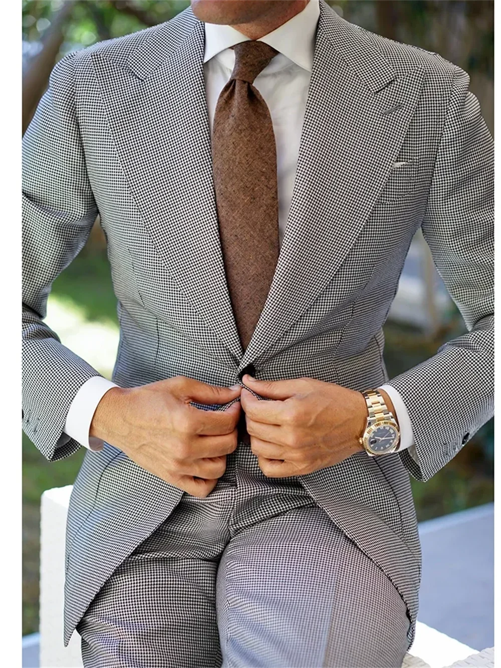 Traje de 2 piezas de pata de gallo para hombre, entallado, con solapa de pico, de botonadura sencilla, para negocios, informal, para boda (blazer + pantalón)