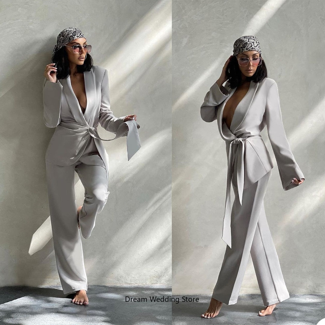 2 Piece Set (Blazer + Pants) Loose Sexy Women's Suit Set With Belt Everyday Casual Wide Leg Pants Formal Evening Dress Custom