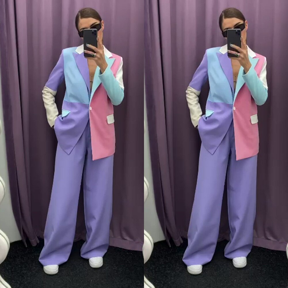 2 Piece Set Women Pant Suits Color Matching Wear Uniform Formal Trousers Waistcoat Jacket Blazer Suit