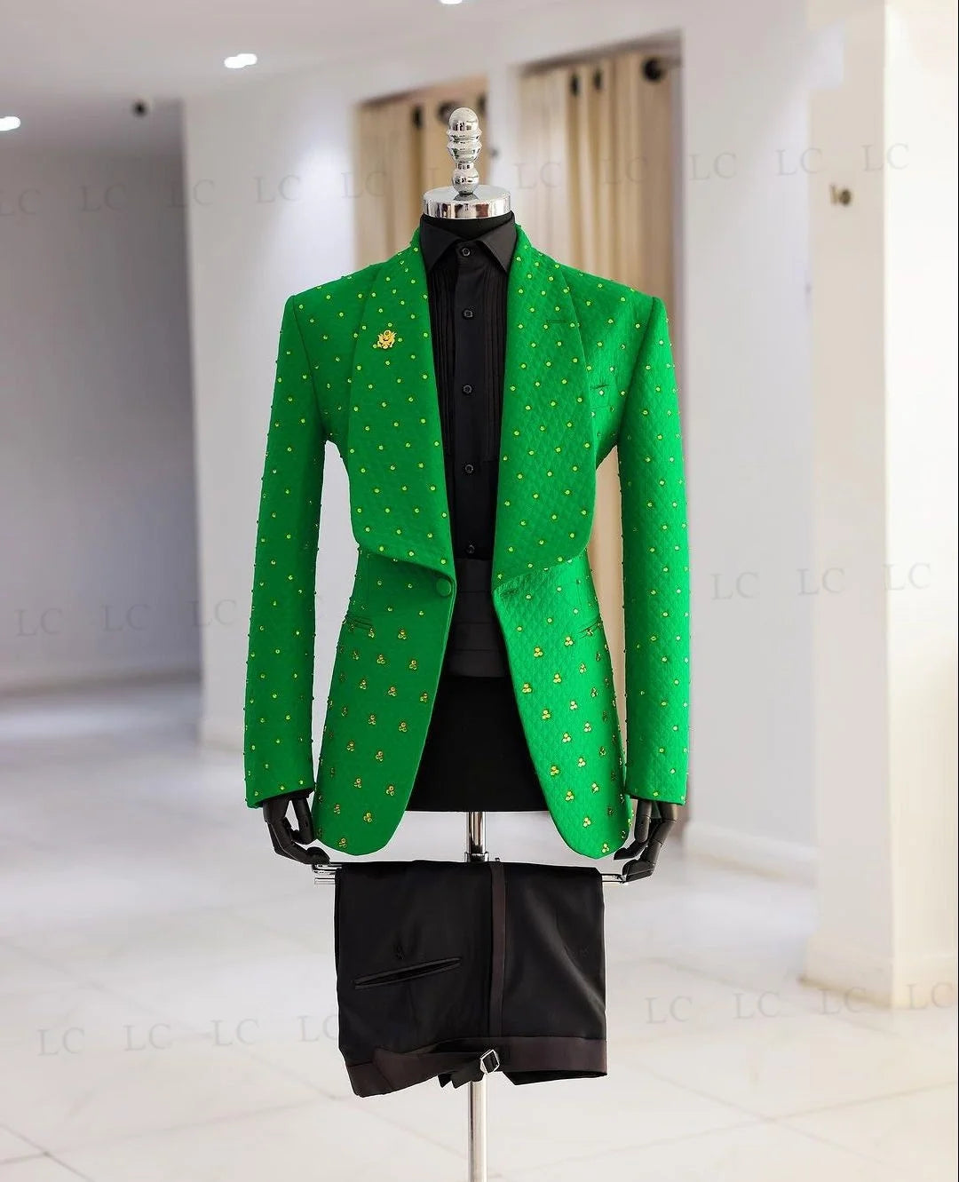 Men's Green Blazer with Embroidered Details and Black Trousers Set