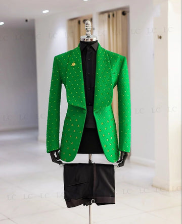 Men's Green Blazer with Embroidered Details and Black Trousers Set