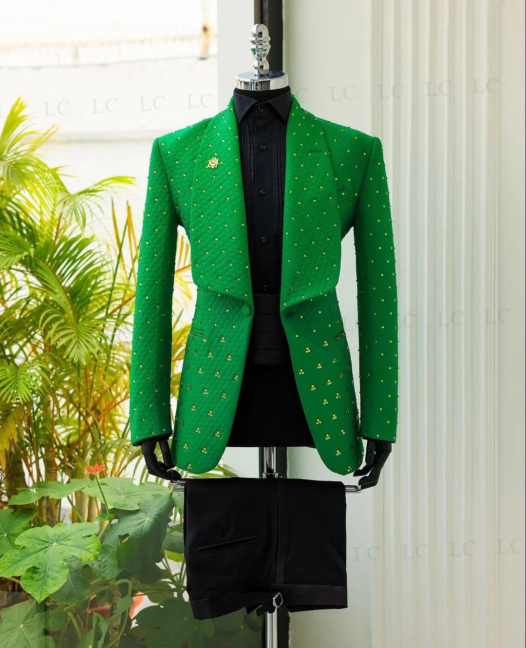 Men's Green Blazer with Embroidered Details and Black Trousers Set