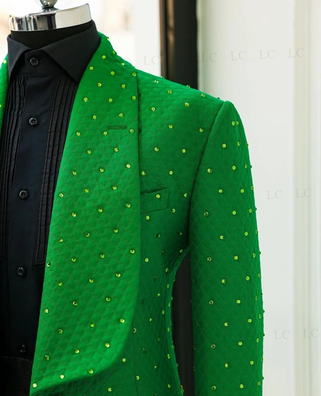 Men's Green Blazer with Embroidered Details and Black Trousers Set