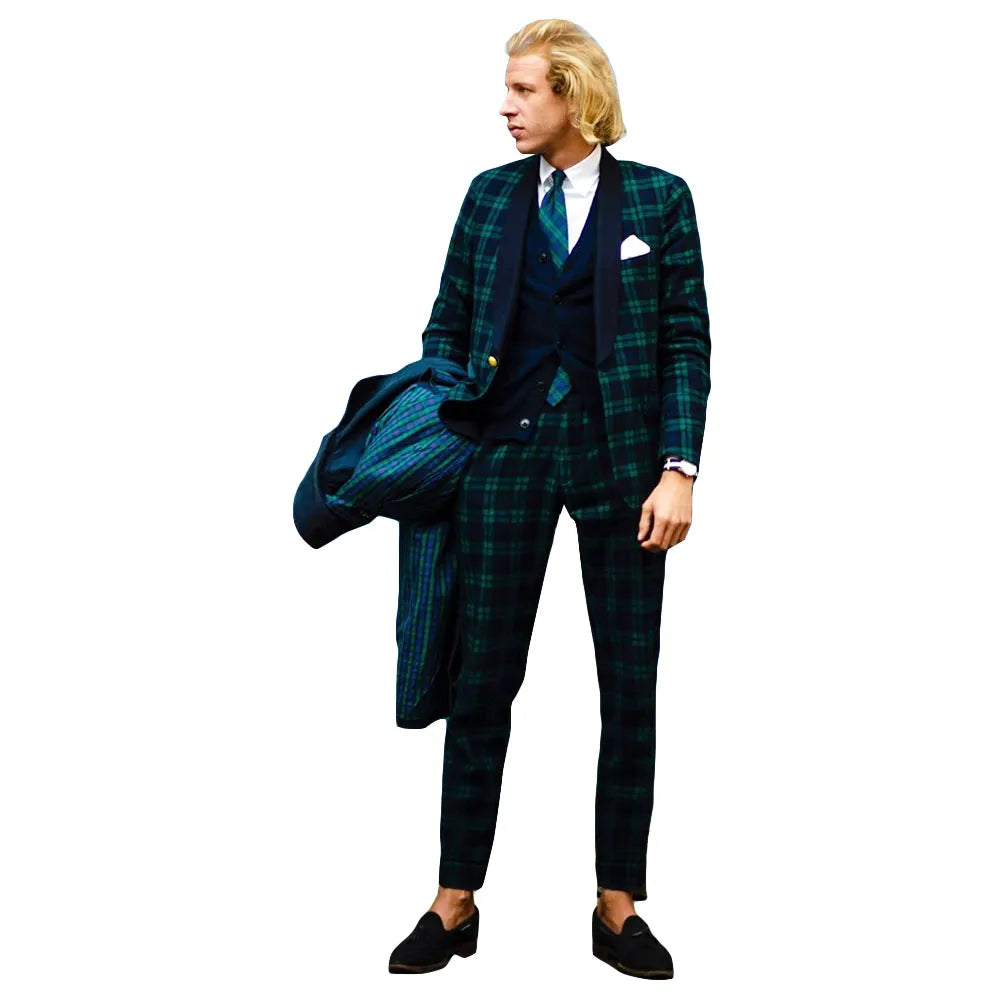 2 Pieces Green Navy Blue Plaid Men Wedding Tuxedos Blazer&Pants Groom Groomsmen Suit Custom Made Fashion Men Suits