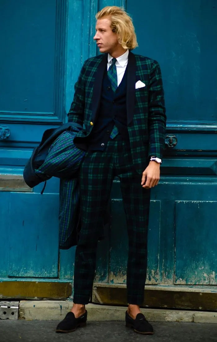 2 Pieces Green Navy Blue Plaid Men Wedding Tuxedos Blazer&Pants Groom Groomsmen Suit Custom Made Fashion Men Suits