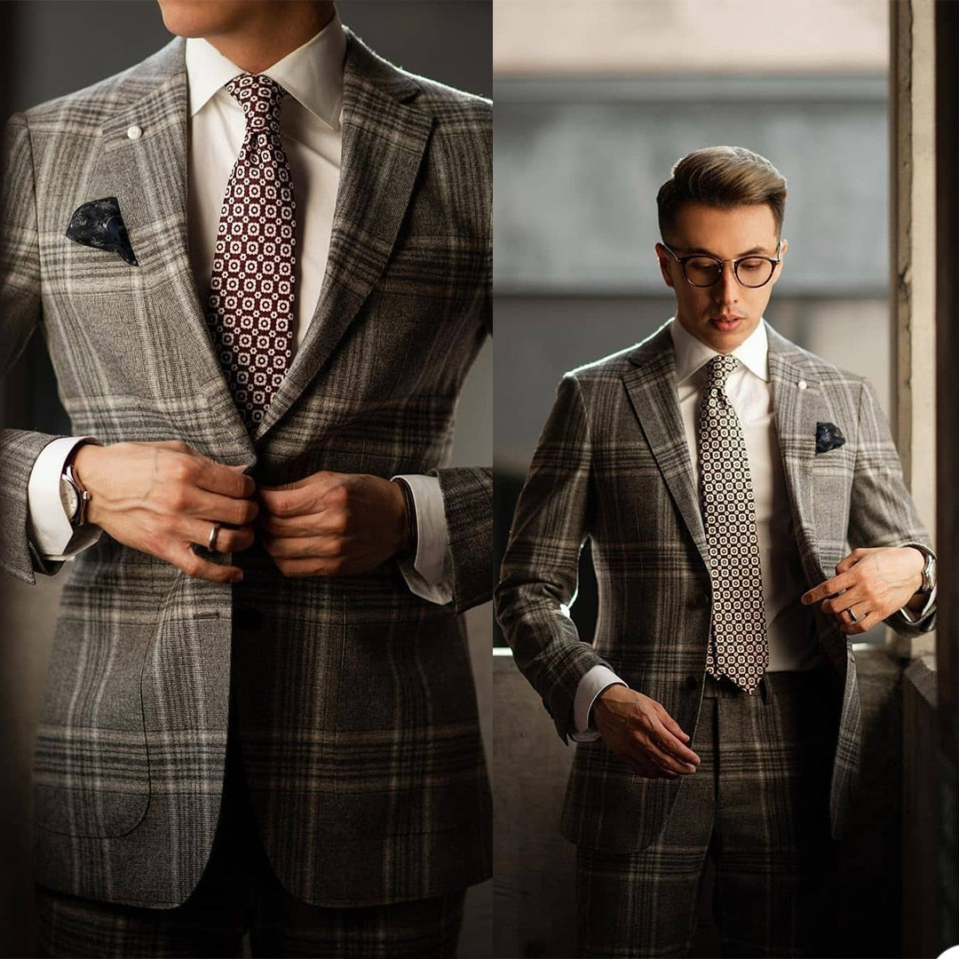 Costume 2 pièces gris classique à carreaux pour homme, coupe slim, smoking de mariage, blazer formel, décontracté, costume de bal 