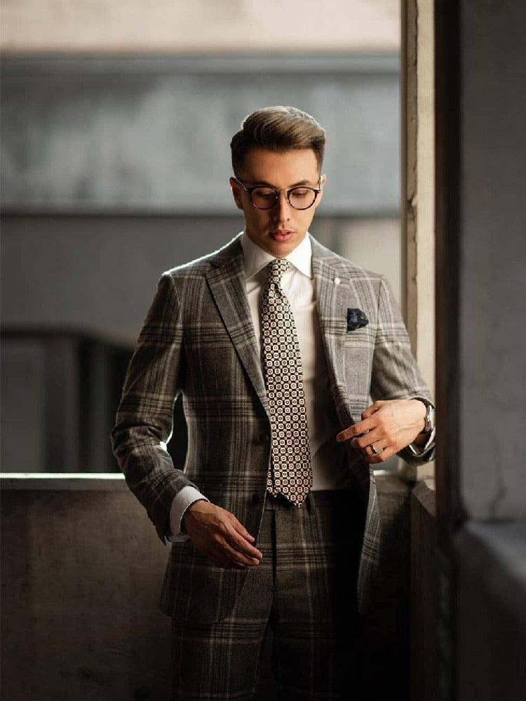 Costume 2 pièces gris classique à carreaux pour homme, coupe slim, smoking de mariage, blazer formel, décontracté, costume de bal 