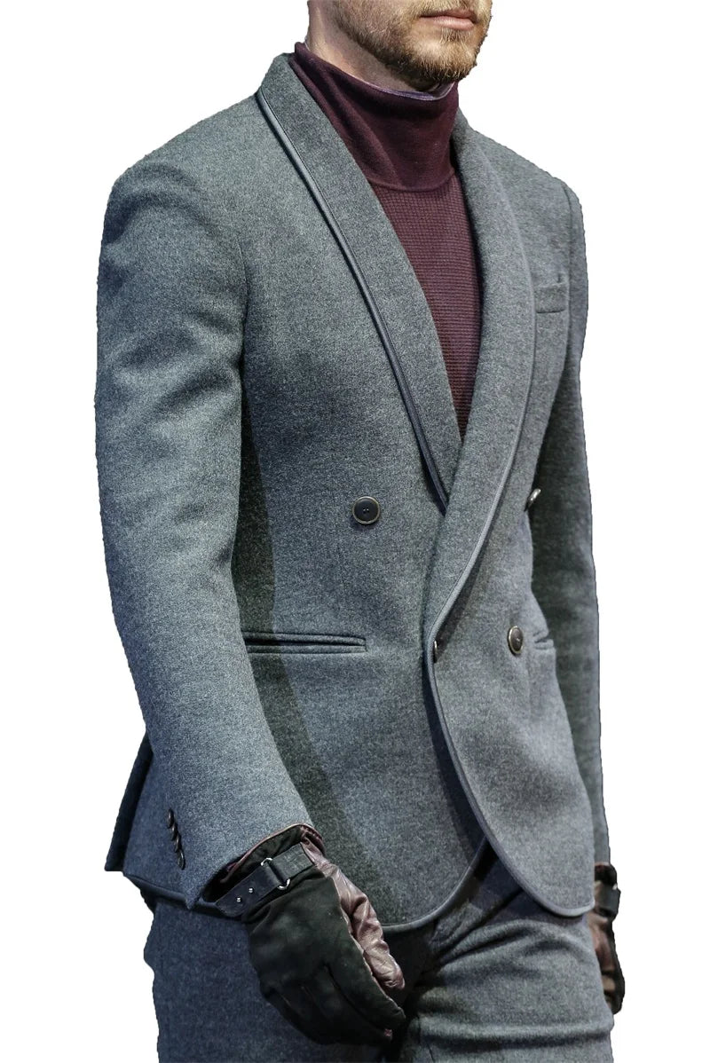 Costume 2 pièces gris pour homme, en laine, de haute qualité, formel, tenue de soirée, personnalisé, élégant, croisé, manteau et pantalon