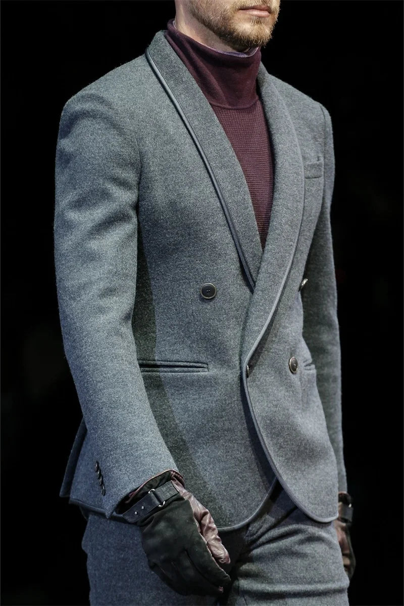 Trajes de hombre grises de 2 piezas, trajes formales de lana de alta calidad, ropa de fiesta personalizada, elegantes trajes de fiesta cruzados, abrigo + pantalón