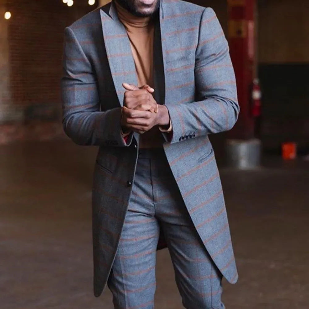 2 Pieces Long Plaid Men Wedding Tuxedos Blazer&Pants Groom Groomsmen Suit Custom Made Formal Men Suits