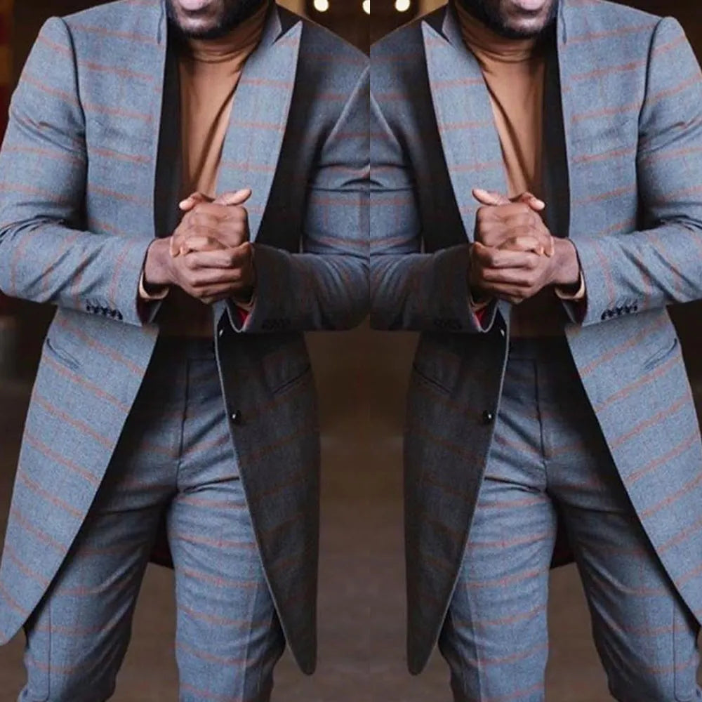 2 Pieces Long Plaid Men Wedding Tuxedos Blazer&Pants Groom Groomsmen Suit Custom Made Formal Men Suits