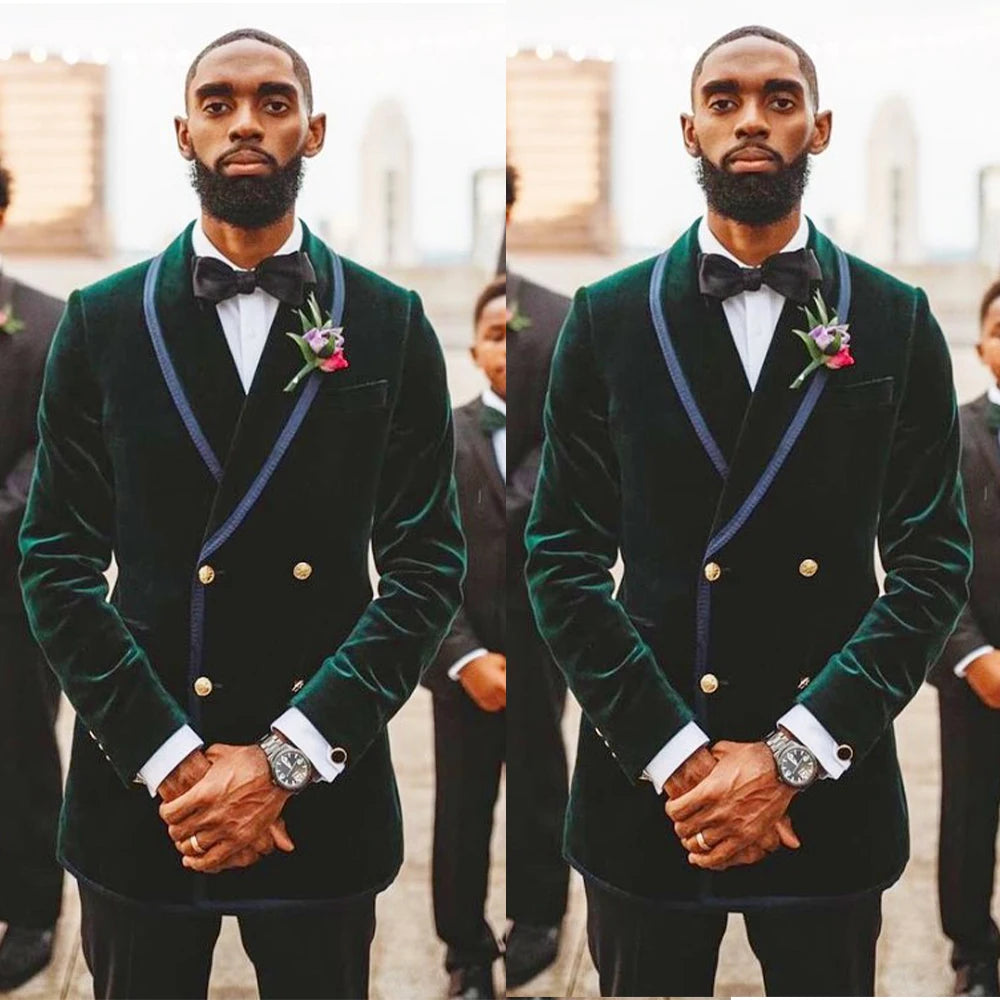 2 Pieces Men Suit Velvet Blazer Pants Double Breasted Lapel High Fashion Slim Fit Work Wear Wedding Groom Causal Prom Tailored