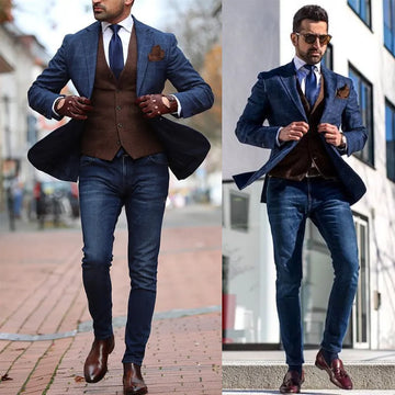 2 Pieces Navy Blue Men Wedding Tuxedos Blazer&Brown Vest Groom Groomsmen Suit Casual Custom Made Men Suits