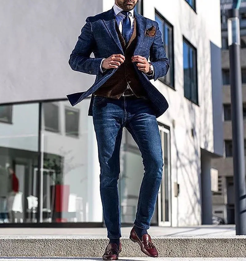 2 Pieces Navy Blue Men Wedding Tuxedos Blazer&Brown Vest Groom Groomsmen Suit Casual Custom Made Men Suits