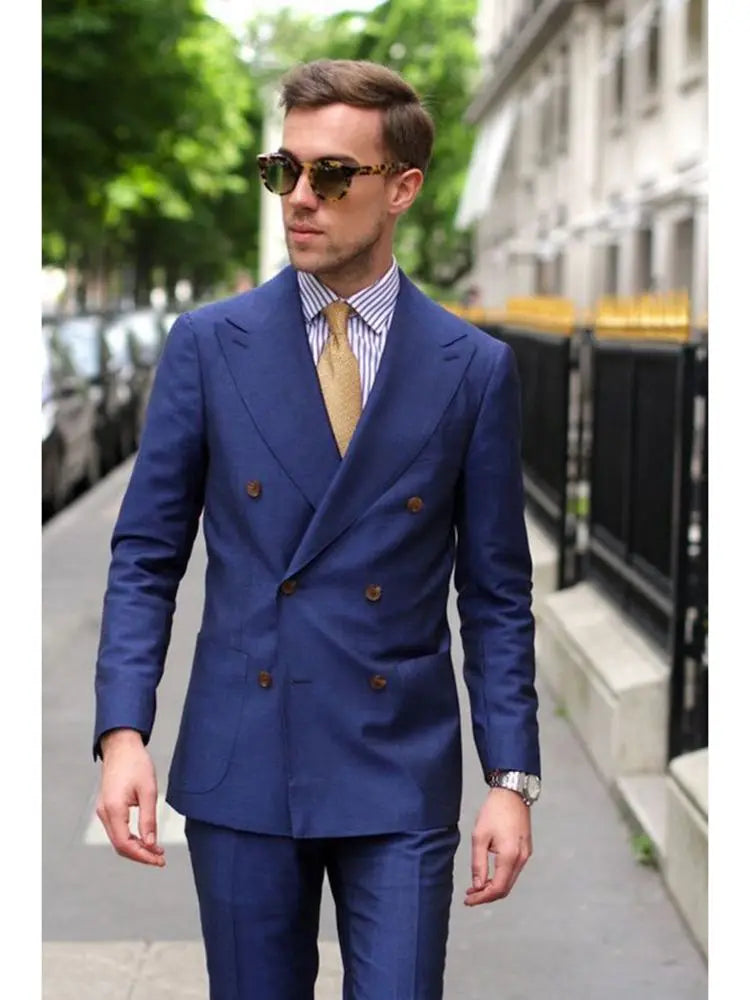 2 Pieces Peak Lapel Double Breast Navy Blue Mens Business Suit Slim Fit Tailor Made Groom Tuxedos Man Formal Suit Blazer Pants