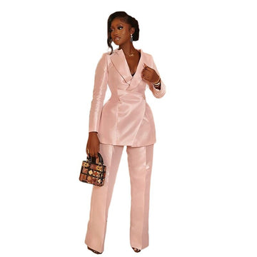 2 Pieces Pink Women Suit Set Blazer+Pants Satin Designer Formal Office Lady Coat Jacket Custom Made Prom Dress