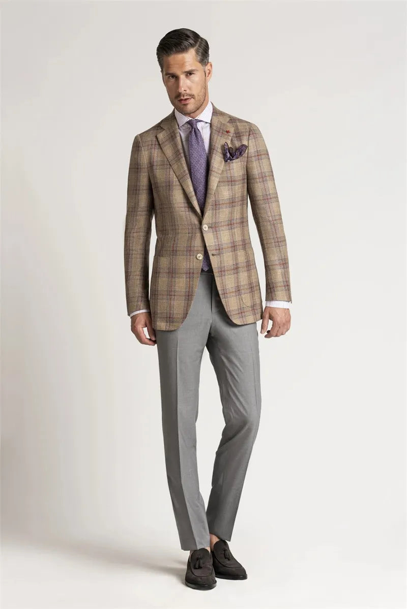 2 Pieces Plaid Men Wedding Tuxedos Blazer&Grey Pants Groom Groomsmen Suit Custom Made Fashion Men Suits