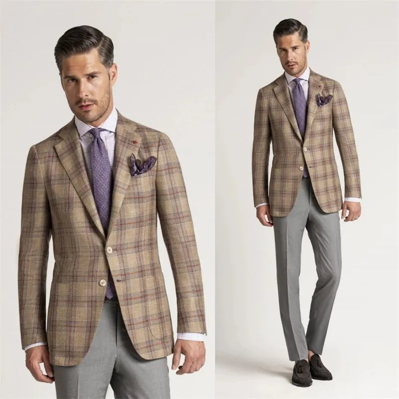 2 Pieces Plaid Men Wedding Tuxedos Blazer&Grey Pants Groom Groomsmen Suit Custom Made Fashion Men Suits