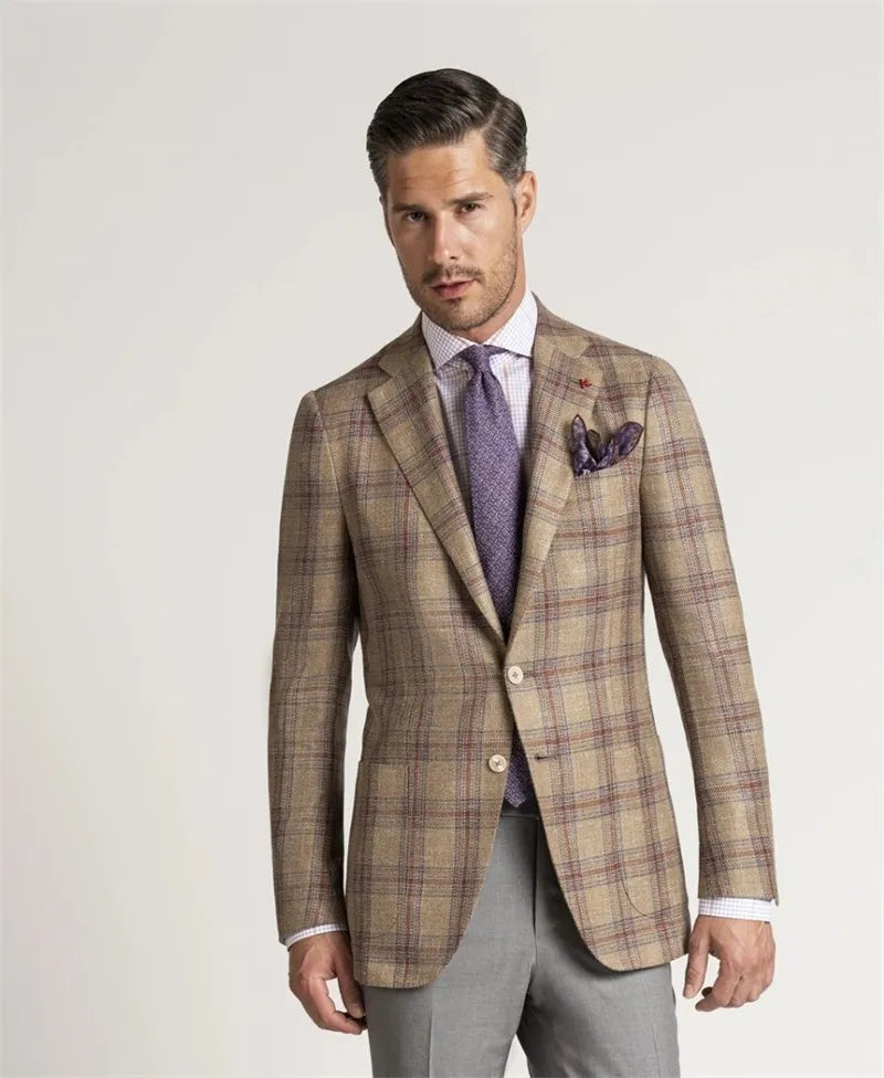 2 Pieces Plaid Men Wedding Tuxedos Blazer&Grey Pants Groom Groomsmen Suit Custom Made Fashion Men Suits